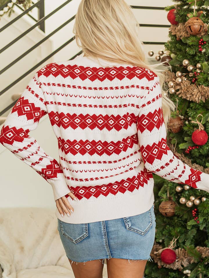 White Rosalie Patterned Crew Neck Loose Sweater for wholesale on Faire