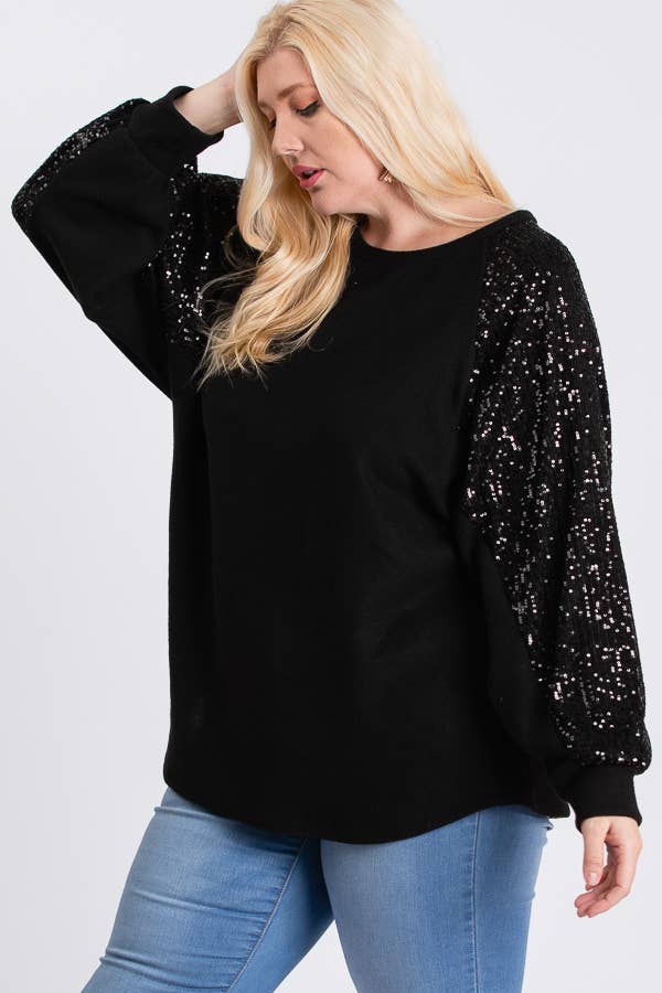 7th Ray - Wholesale Tunic - Women's - [PLUS SIZE] Brushed Knit Sequin Long Sleeve Top T2937XL5