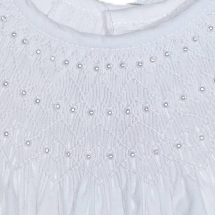 White Geometric Smocked with Pearl Angle Wing Sleeve Dress for wholesale by Hello Bebes!