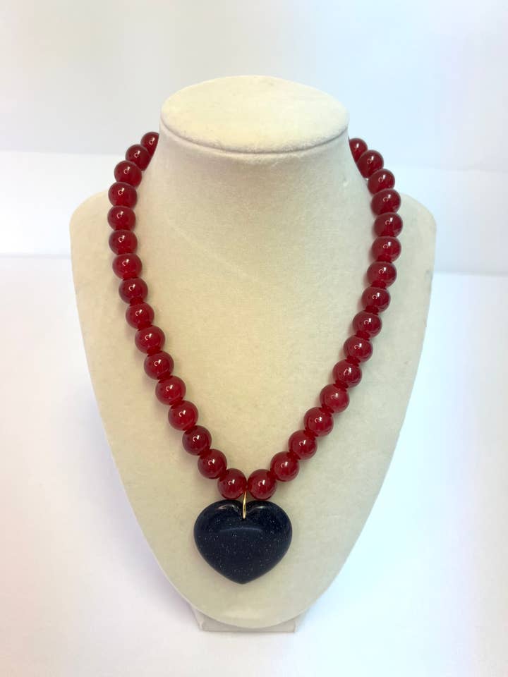 Red Beaded Necklace with Black Heart Pendant for wholesale by Merritt Millie