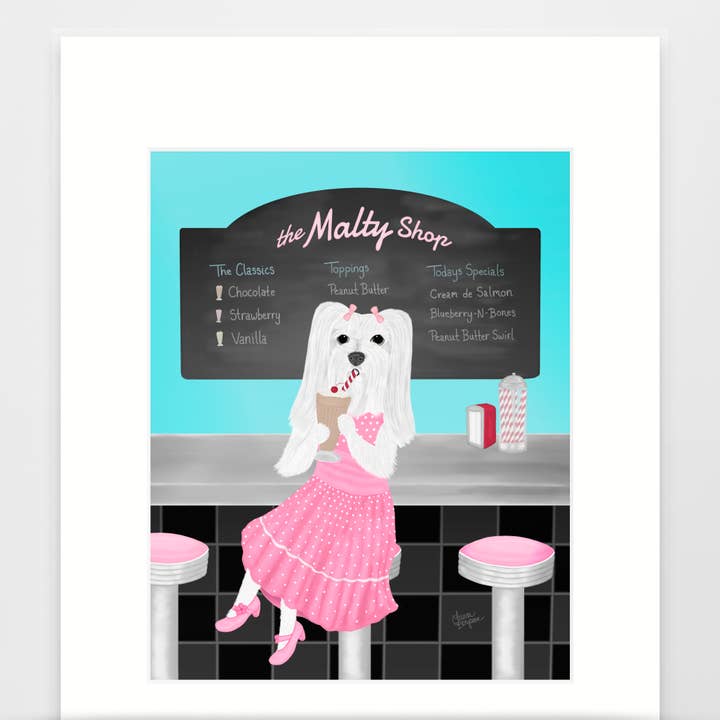 Maltese Dog Art Print, Lucy at the Malty Shop for wholesale by Laura Bergsma Studio