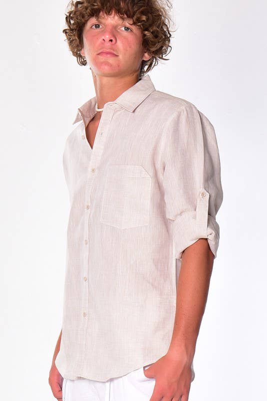 Azucar & Bohio - Vente Chemise à col boutonné – homme - Chemise en lin 100 % à manches longues retroussables, douce au toucher12