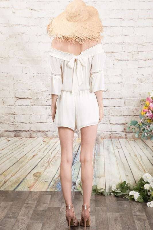Beige FLORAL EMBROIDERED CUTOUT OFF-SHOULDER ROMPERS for wholesale on Faire4