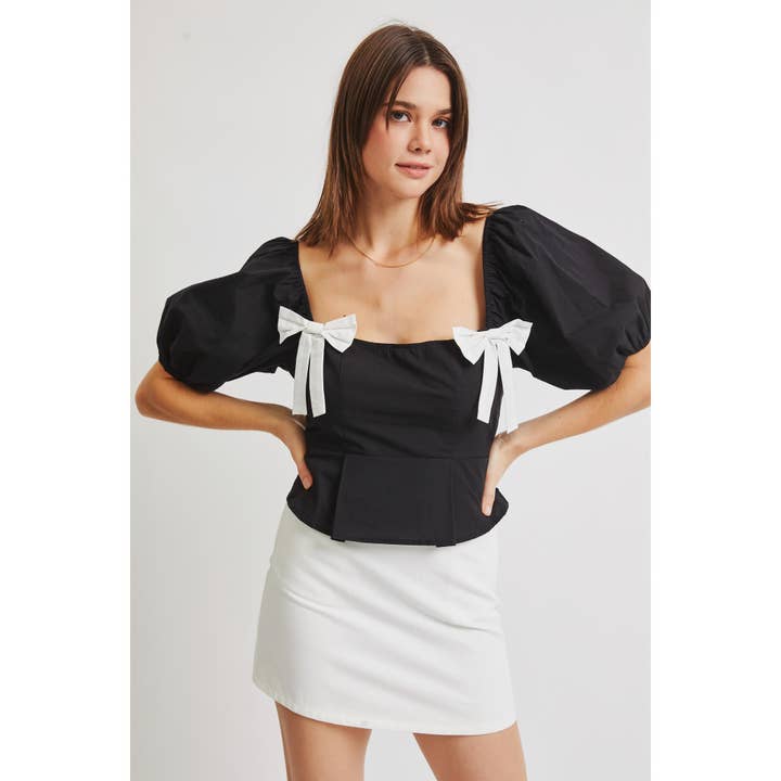 FRONT CONTRAST COLOR BOW DETAIL SQUARE NECK SMOCKED BACK DET for wholesale by LENA