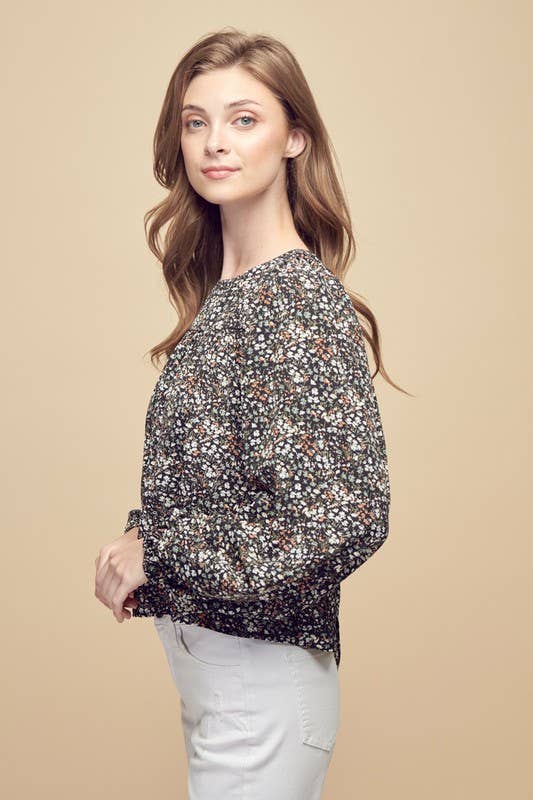 Petal Dew - Wholesale Blouse - Women's - FLORAL PRINT FRILLY TOP BLACK LACE UP - P000836