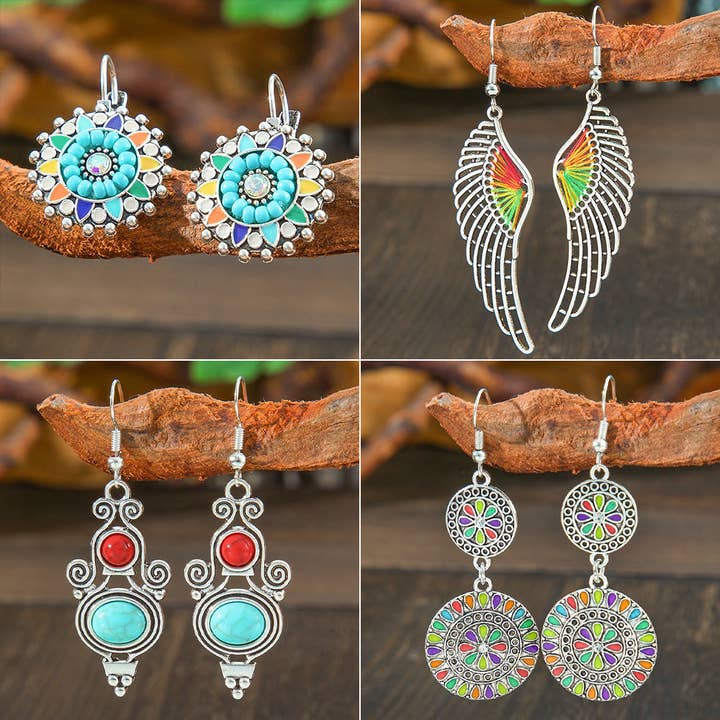 Fashion Bohemian Flower Earrings Vintage Silver Casual Statement Jewelry for wholesale by Halcyon Outfitters®