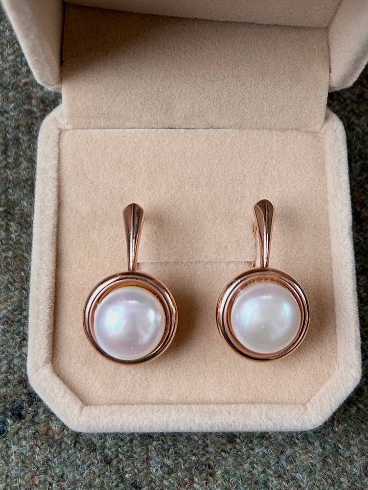 Rose Gold Pearl Drop Cabochon Earrings for wholesale by Cotswold Pearl