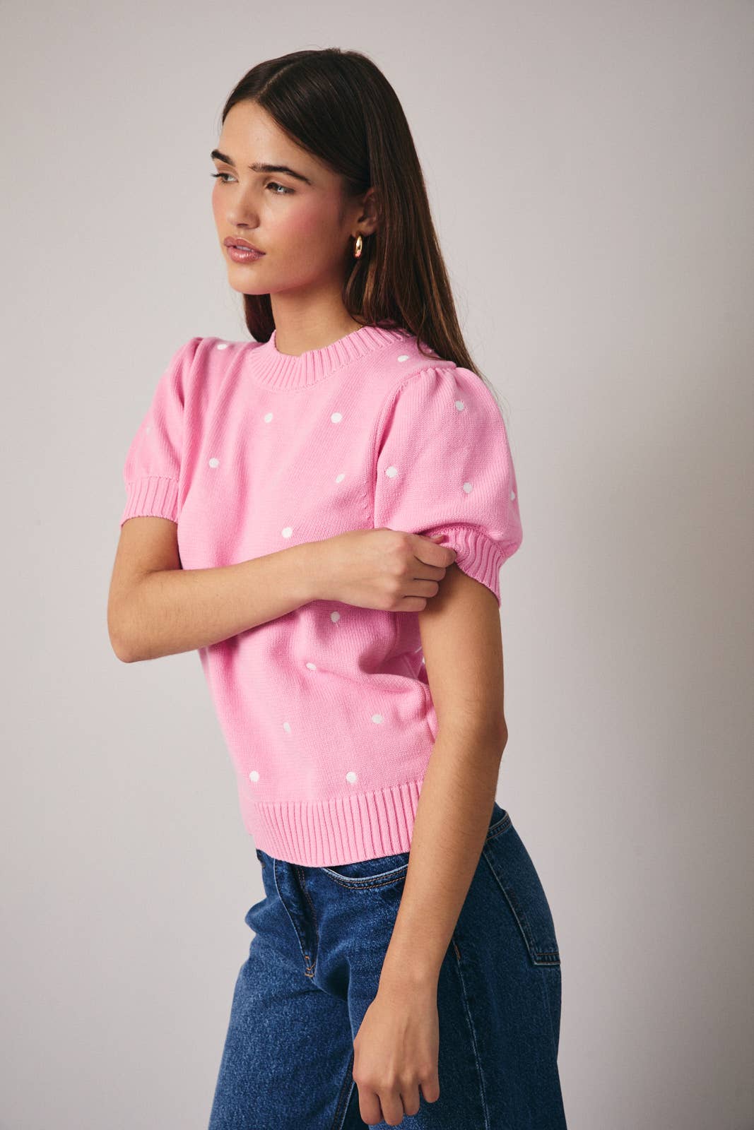 Sunday Edition - Wholesale Knit Sweater - Women's - ROUND NECK PUFF SHORT SLEEVE "POLKA DOT" EMBROIDERED SWEATER19