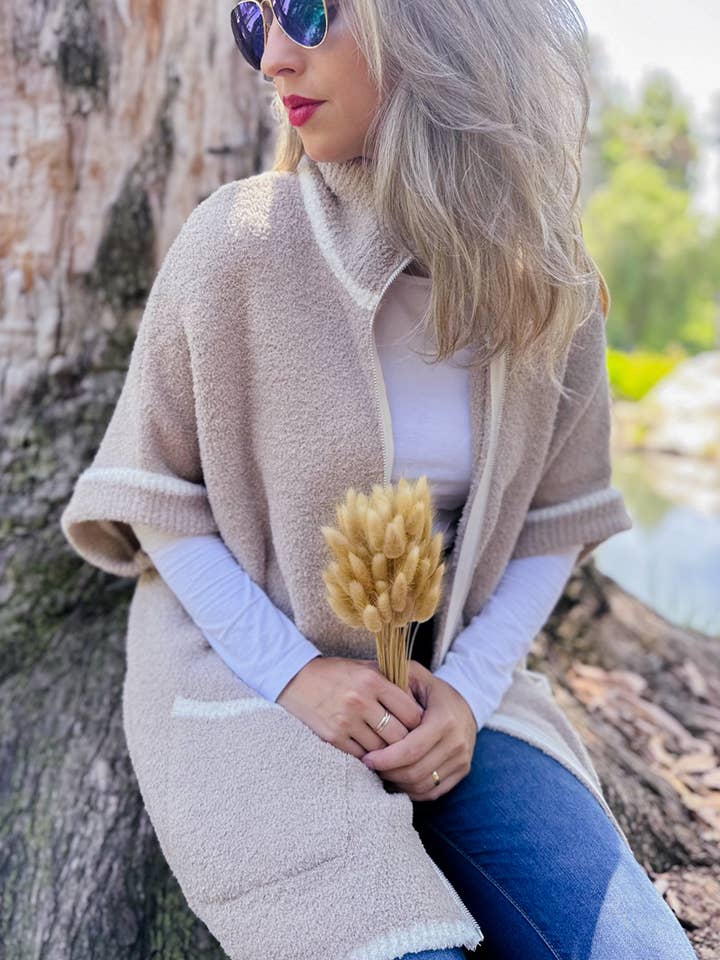 Beige Contemporary Soft Knitted Zip-Up Cozy Pocket Jacket for wholesale by AMOLI