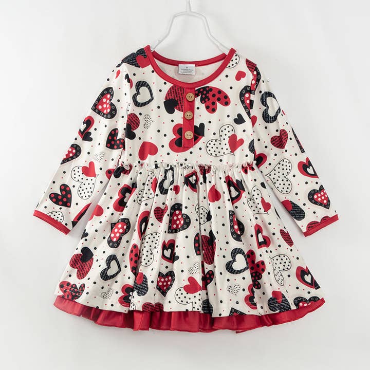 Abito a spirale per ragazza con volant a cuore rosso nero per San Valentino per la vendita all'ingrosso da parte di littleoneusa