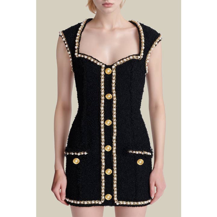 DR799Y Pearl-Trimmed Black Tweed Mini Dress for Holidays for wholesale by Productseeker