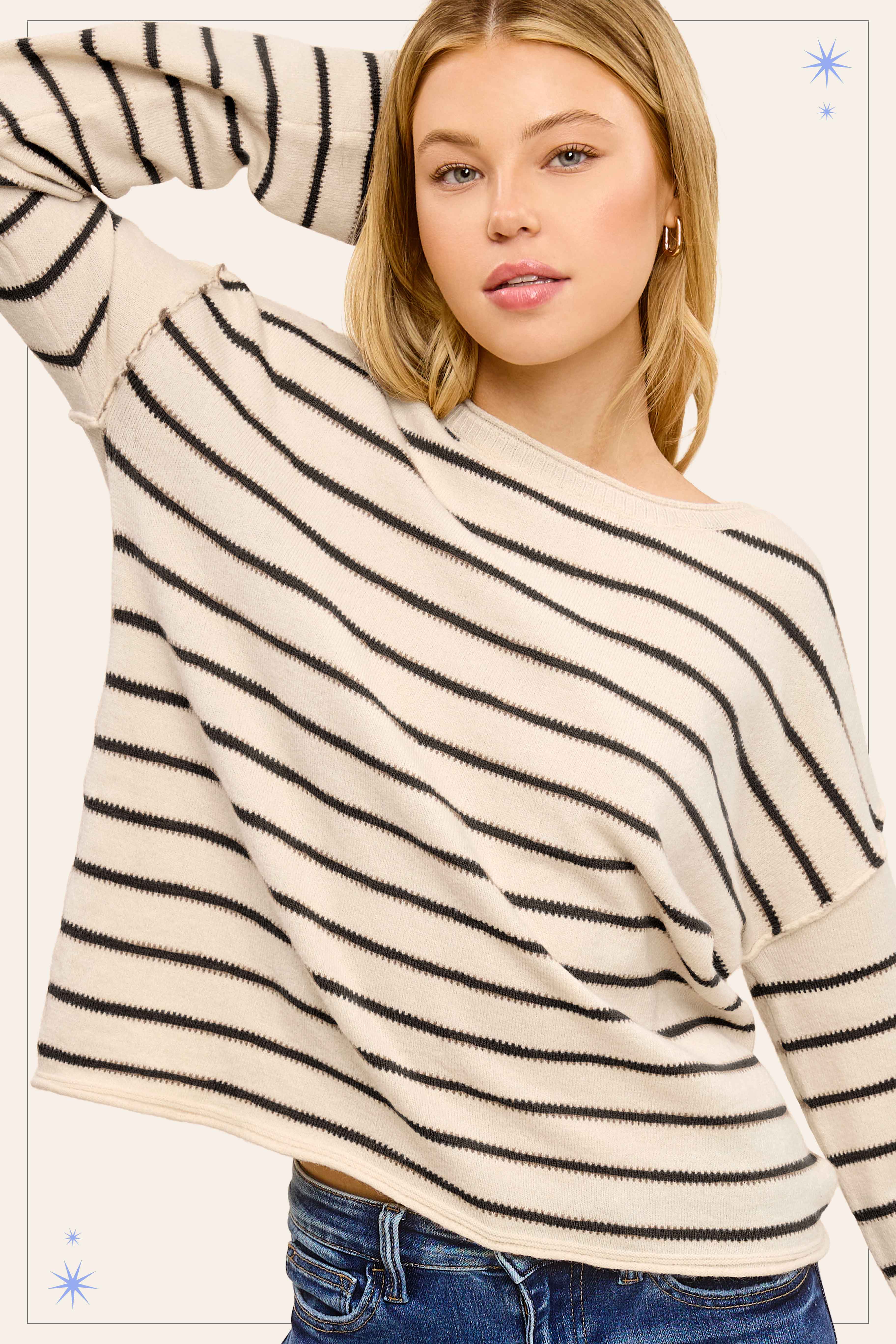 La Miel - Wholesale Knit Sweater - Women's - MCS3588-Striped Round Neck Loose Fit Long Sleeve Sweater18