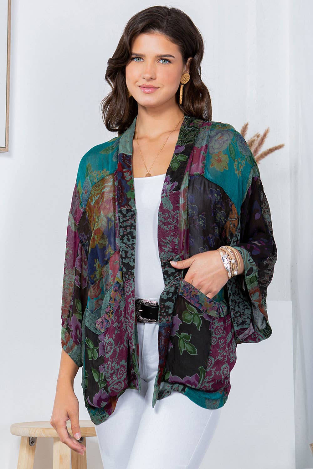 Young Threads - Wholesale Kimono - Women's - Kimono Top In Overdyed Mix N Match Patches - in 7 Color ways7