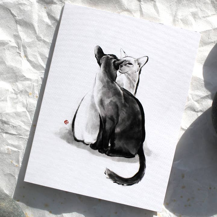 RICE&INK - Wholesale Everyday Greeting Card - Two Cats Talking Greeting Card, Sumi Ink Zen Pet Lovers Cute