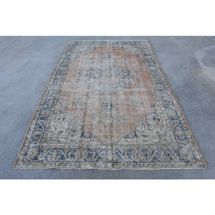 Vintage Beige & Blue Wool Rug - Classic Distressed Style for wholesale by Anatolia Loom