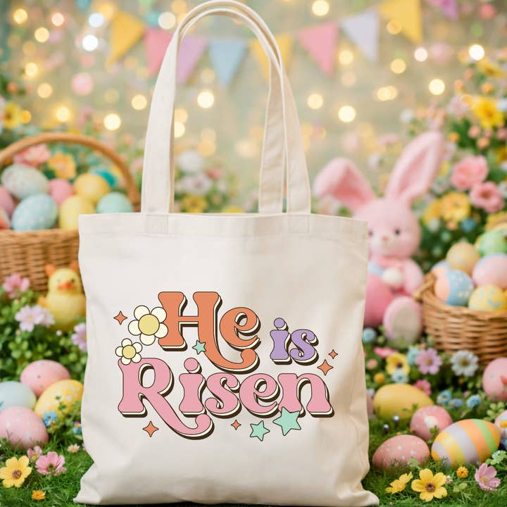 Easter Tote Bag Retro Easter Bunny Tote Jesus He Is Risen for wholesale by RusticPrintStudio