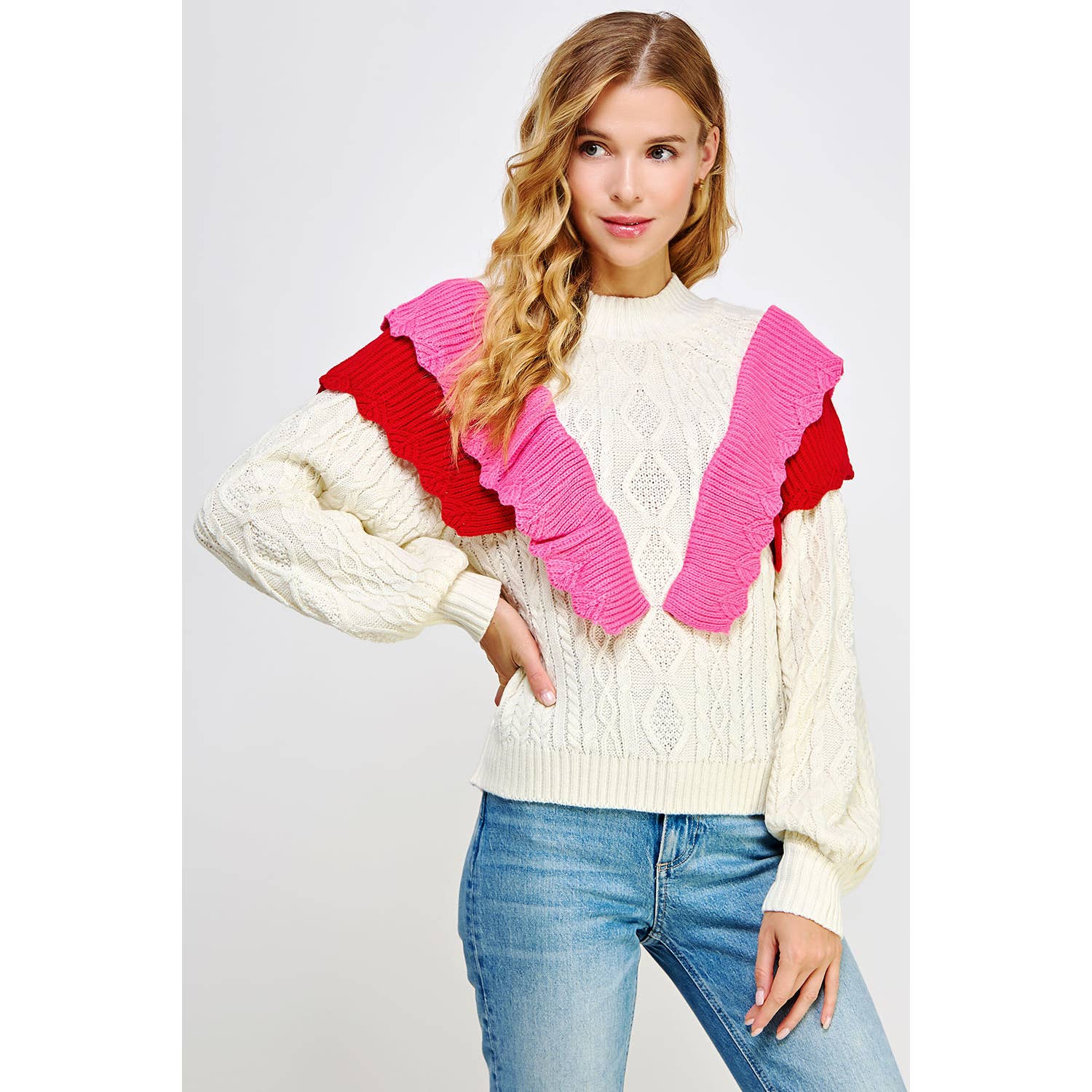 Wholesale Contrast Ruffled Accent Cable Knit Sweater for your store Faire