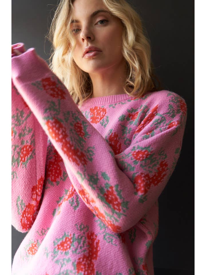 PINK RED Rose Print Knit Sweater for wholesale on Faire