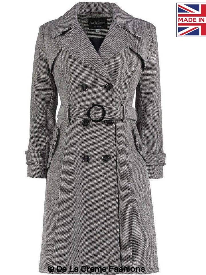 De La Creme - Womens Herringbone Tweed Blend Trench Coat for wholesale by De La Creme Fashions