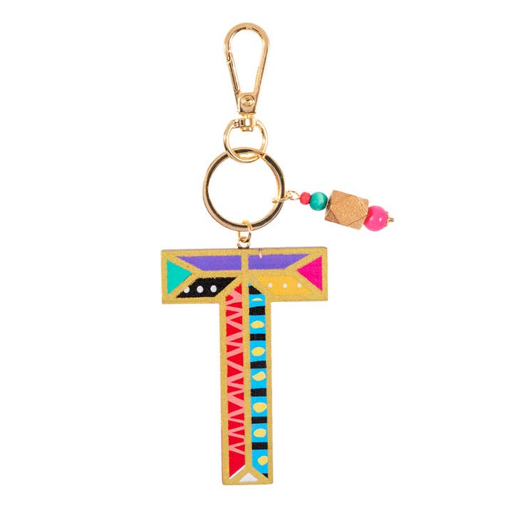 Sensibling Corp. - Wholesale Keychain - Women's - Geometric Wood Initial Monogram Keychain Bag Charm5