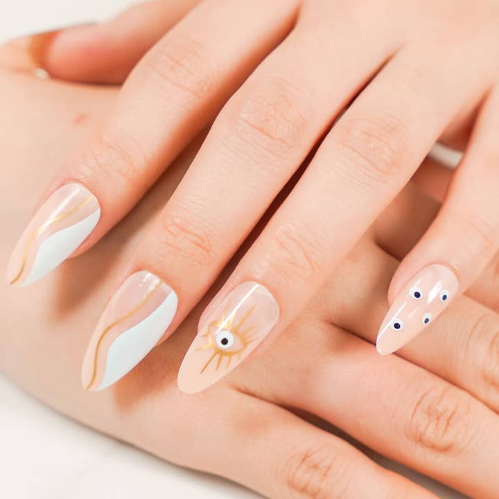 Glaze Pastel Press on Nails Medium Almond Swirl Design for wholesale by vibeficant