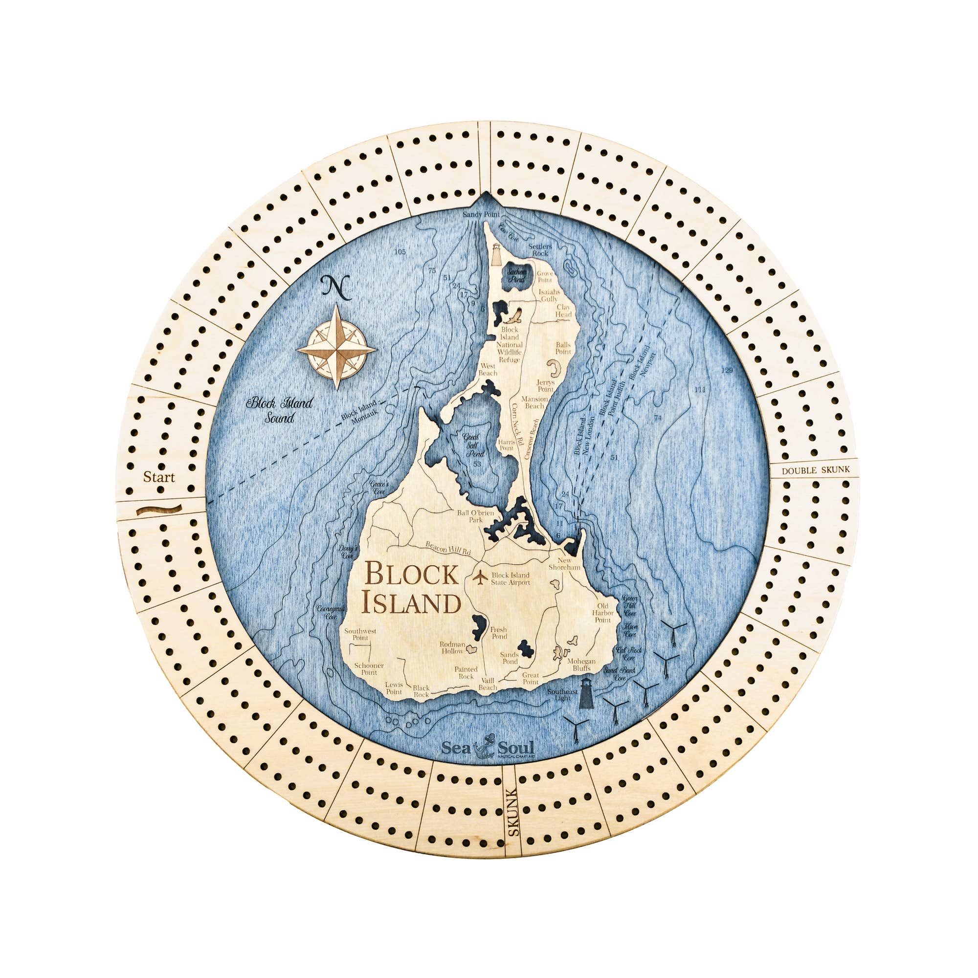 Sea & Soul Nautical Chart Art - Vente Jeux de cartes - Planche de cribbage en bois nautique personnalisée de Block Island8