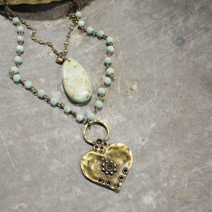 The Primitive Peddler, Inc. - Wholesale Pendant/Charm Necklace - Double Layered Stone & Bronze Heart Drop Necklace
