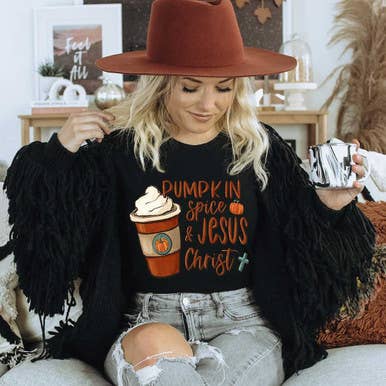 Pumpkin Spice & Jesus Christ DTF Heat Transfer for wholesale by Trendy Transfers