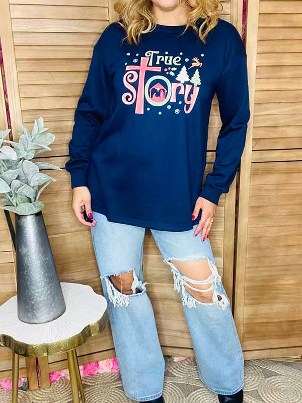 Christmas True story blue long sleeve women blouse XCH15762 for wholesale by luluclothes