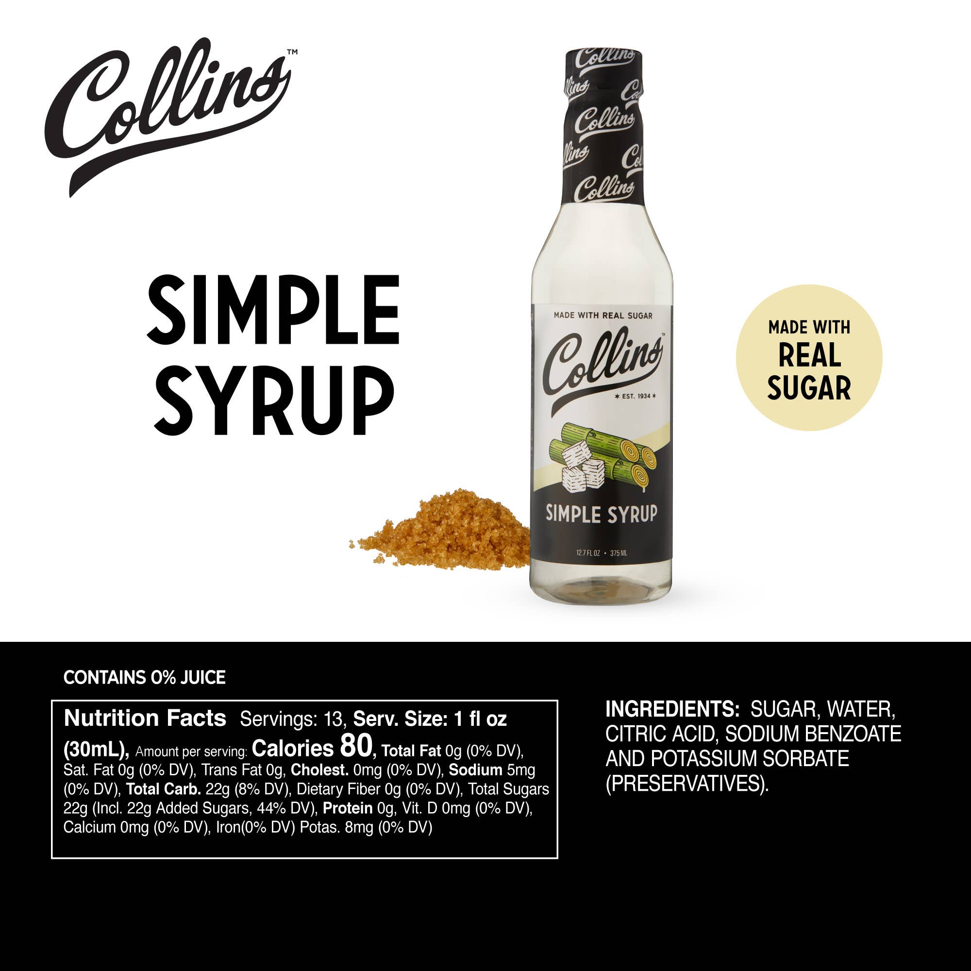 Collins - Wholesale Cocktail Mix/Syrup - Real Sugar Cocktail Simple Syrup 12.7 oz3