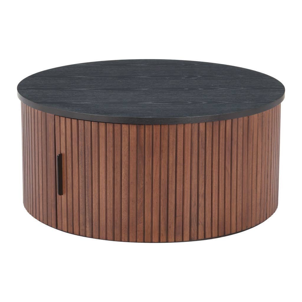 HomeRoots - Wholesale Coffee Table - 32" Black and Walnut Wood Round Drum Coffee Table0