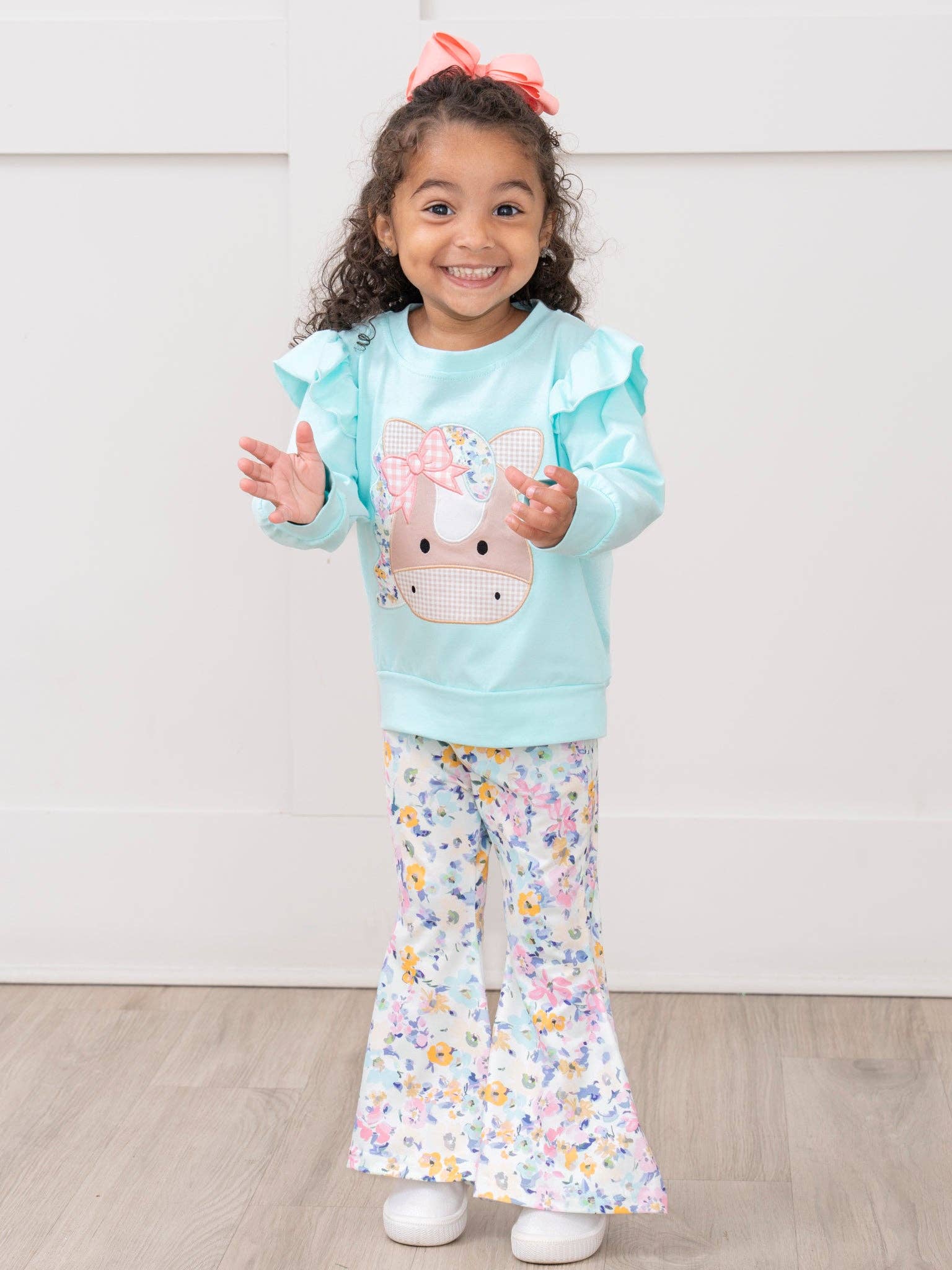 Marie Nicole Clothing - Wholesale Top & Pant Set - Kids - Palomino Dreams Embroidered Ruffle Bell Bottom Outfit4