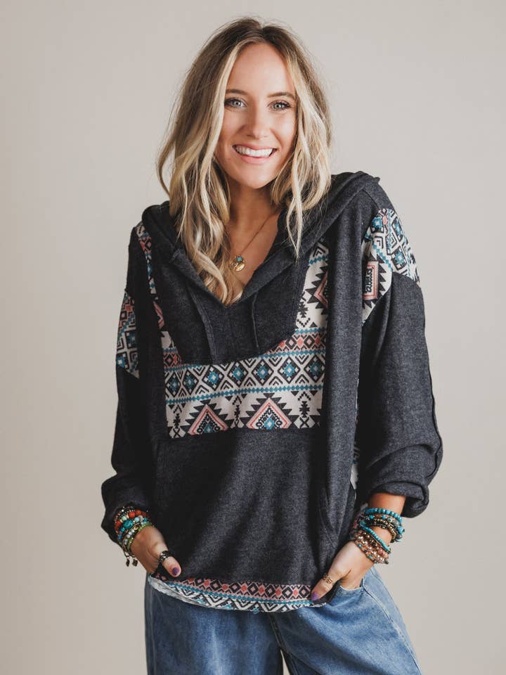 Beach Nights Pullover Hoodie Top - Charcoal for wholesale by Three Bird Nest