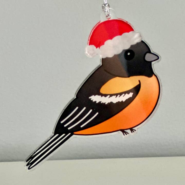 Baltimore Oriole with Santa Hat Christmas Ornament for wholesale by Chesapeake Charm Shop