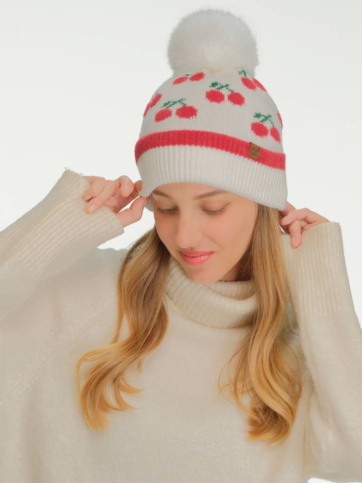 C.C Cherry Pattern Pom Beanie Winter Hat for wholesale by Hana