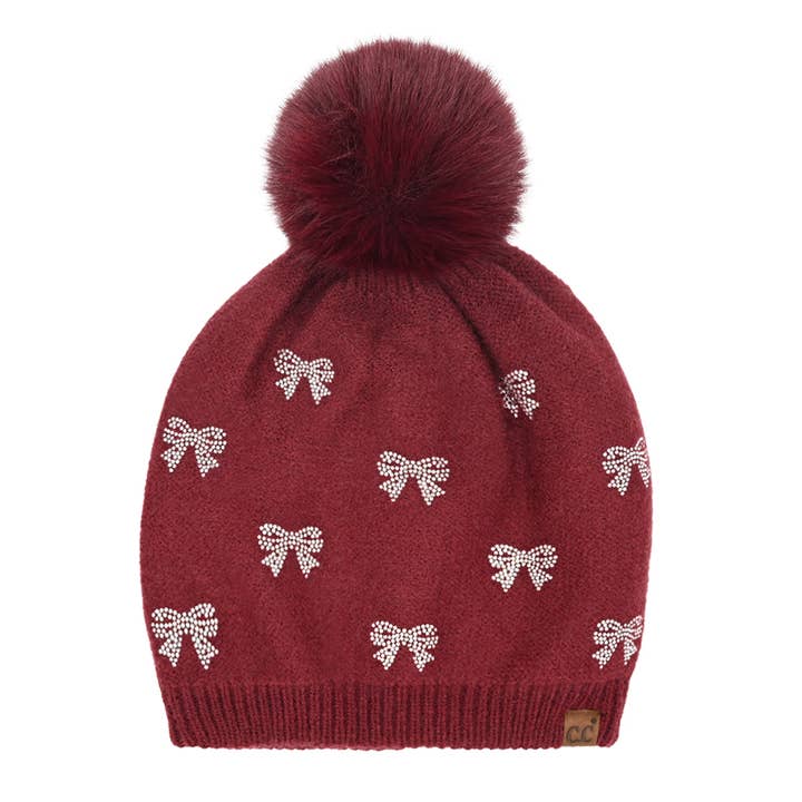 C.C Beanie - Wholesale Beanie - Women's - Allover Mini Rhinestone Bow C.C Faux Fur Pom Beanie HTE0136