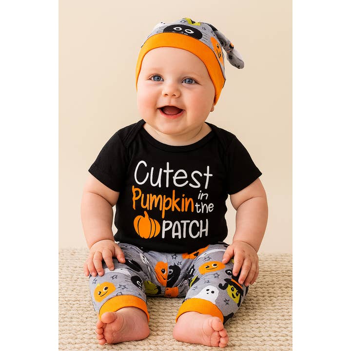 Black Cutest Pumpkin Halloween 3-Piece Baby Outfit Set for wholesale by Fennco Styles