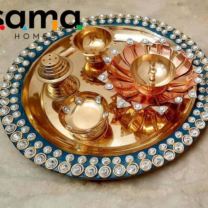 SAMA Homes - Vente Parures de bijoux - Lot de 5 Pooja Thali en cristal bleu Meenakari exclusif
