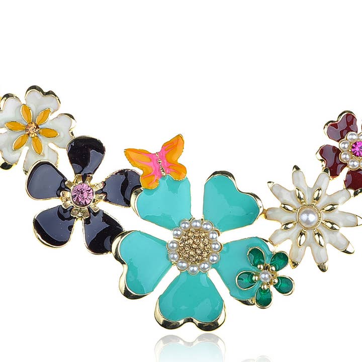 Enamel Flower And Butterfly Bib Statement Necklace Pearl for wholesale by AK Brand
