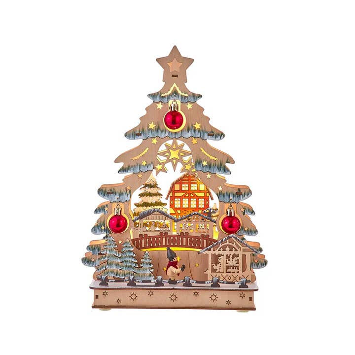 13" Battery Operated Plywood LED Tree W/Village Scene for wholesale by Kurt S. Adler, Inc.
