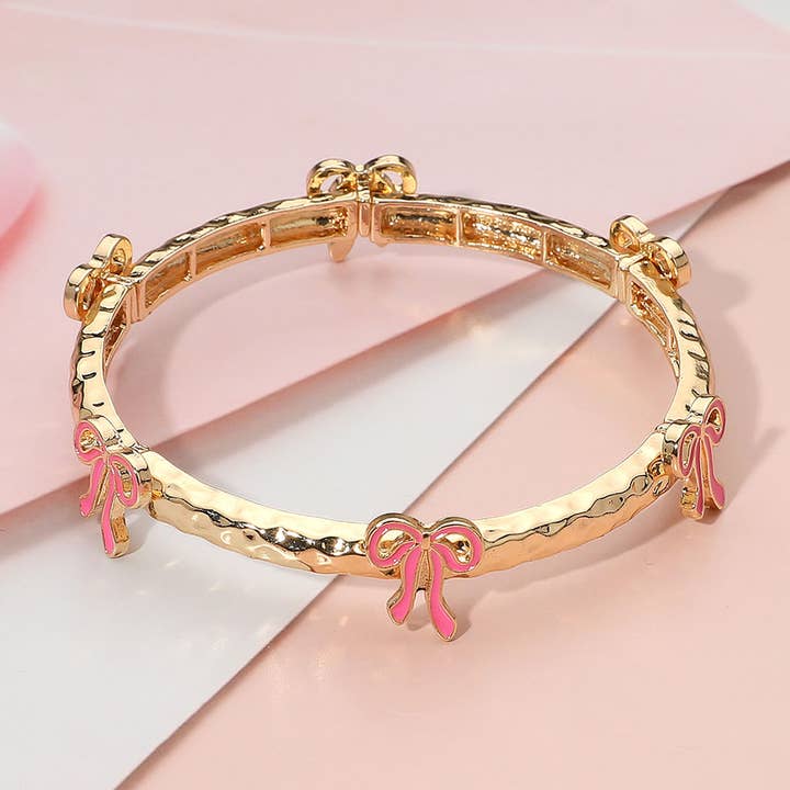 Sensibling Corp. - Wholesale Bangle Bracelet - Enamel Bow Accent Hammered Metal Bar Beaded Stretch Bracelet10