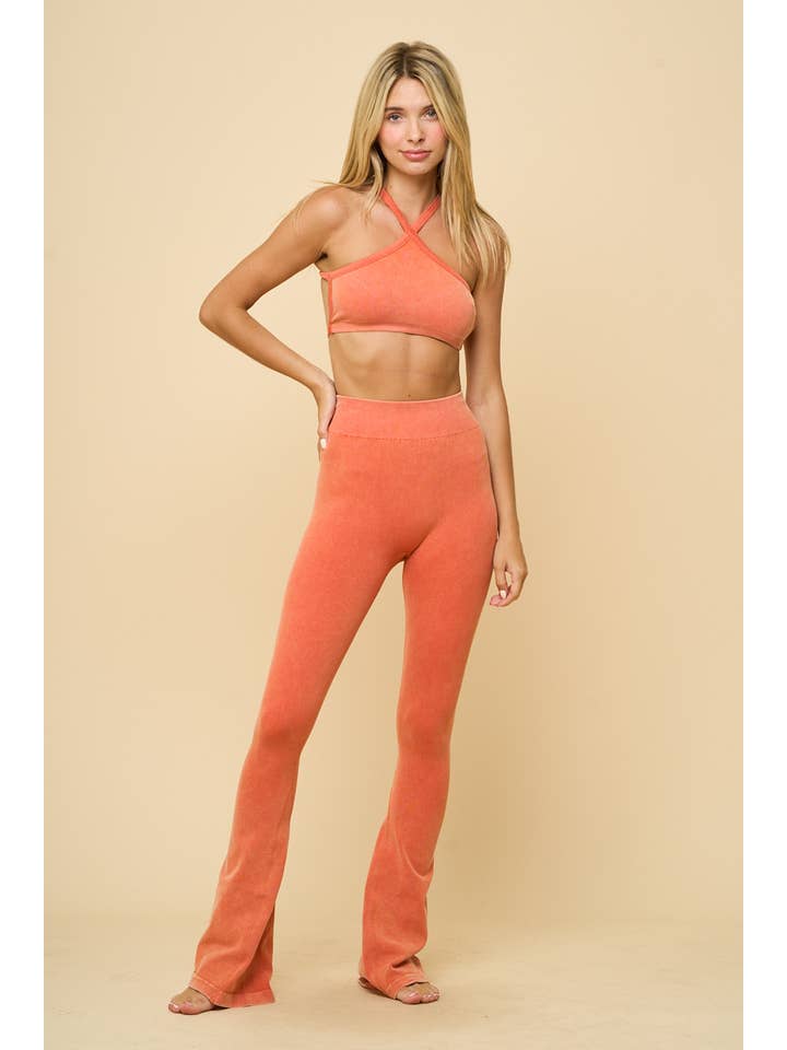 ANWND - Wholesale Lounge Set - Women's - 54154SET- WASHED CROSSWAY HALTER TOP AND FLARE PANTS