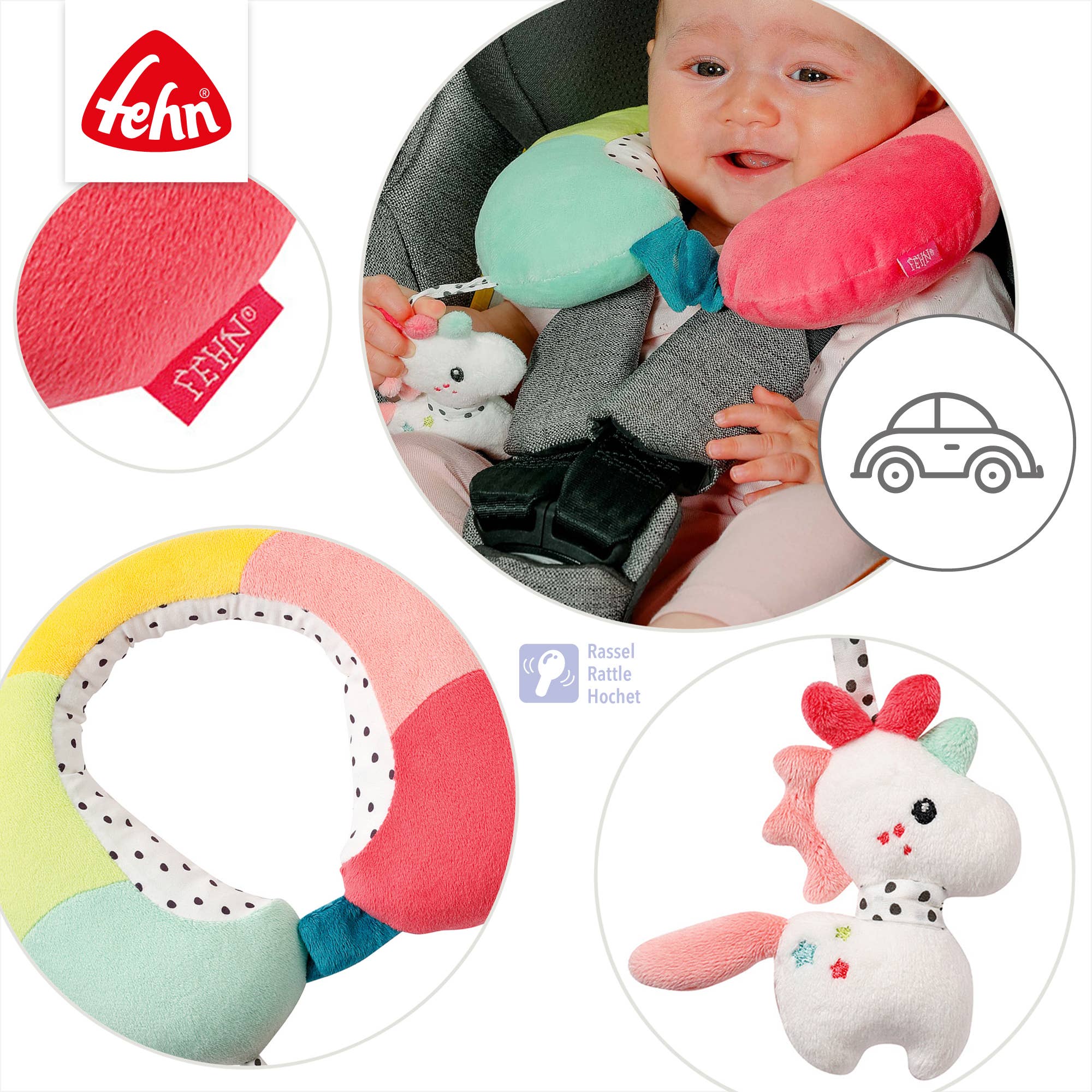 Fehn - Vente Oreiller de voyage – enfant et bébé - Soutien cervical licorne avec petit hochet3