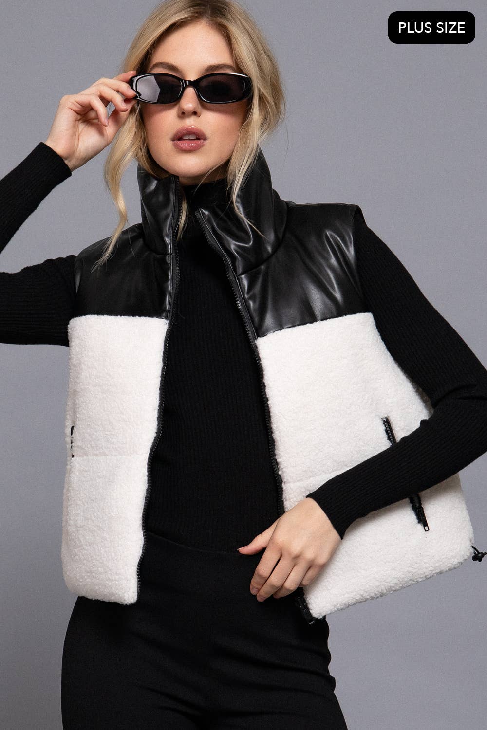 Active Basic | Active USA - Wholesale Outerwear Vest - Women's - [PLUS SIZE] Reversible Faux Leather-Sherpa Padding Crop Vest6