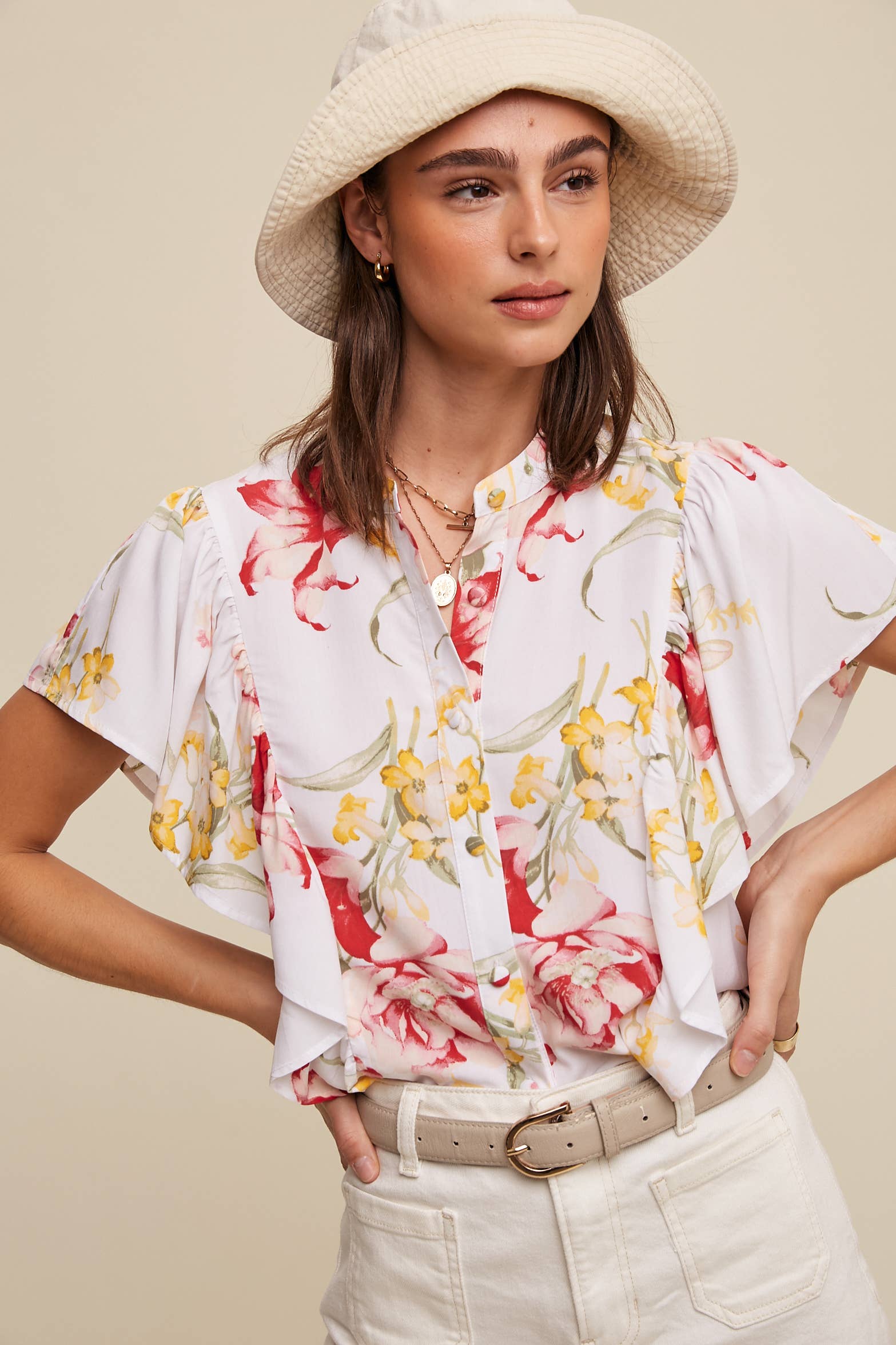 Listicle - Wholesale Blouse - Women's - Floral Flutter Sleeve Blouse0