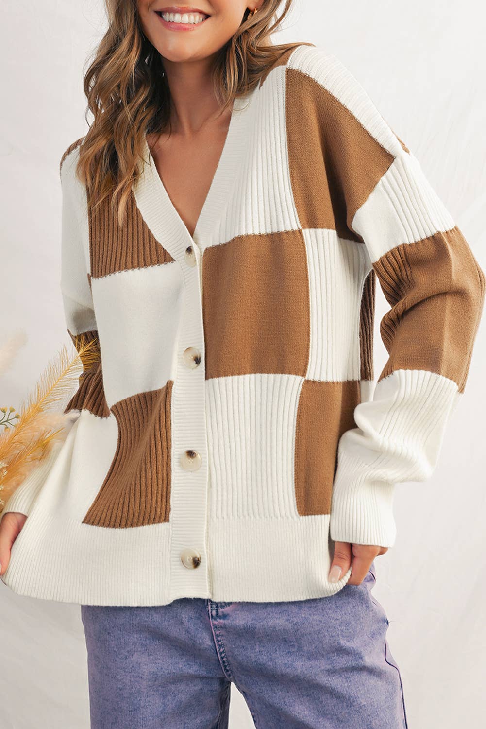 Khaki Checker Colorblock Button V Neck Sweater Cardigan | S-XL  for wholesale on Faire6