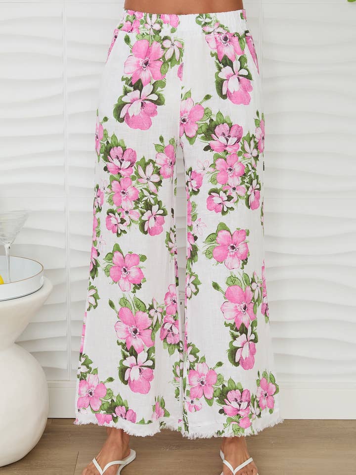 CALÇAS LARGAS DE LINHO COM ESTAMPA DE HIBISCO ROSA (154012-HIBISCUSROSE) por atacado de MILIO MILANO