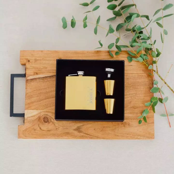 Stainless Steel Hip Flask Gift Box Set - Vertical Groom for wholesale by Weddingstar Inc.