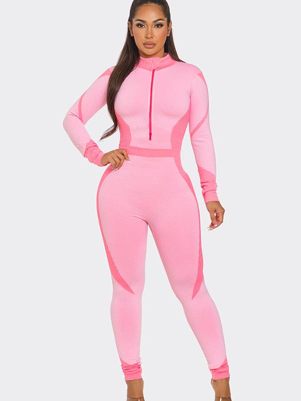 Waffle Half Zip 2 Tone Bodycon Jumpsuit for wholesale by Lime All the Time