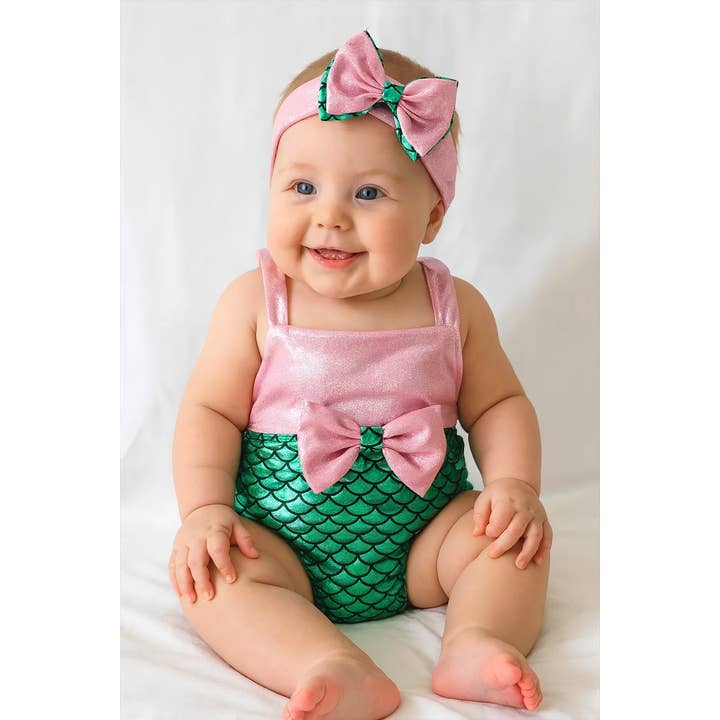 Pink-Green Metallic Mermaid Baby Swimsuit & Headband for wholesale by Fennco Styles